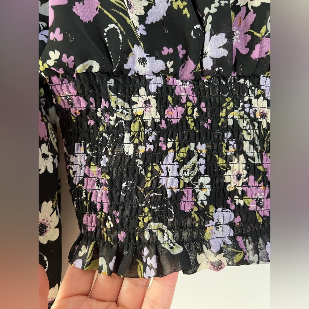 ASTR Floral Blouse Long Sleeve Ruffle Shoulder Black Purple Green Semi Sheer Med - Picture 7 of 14